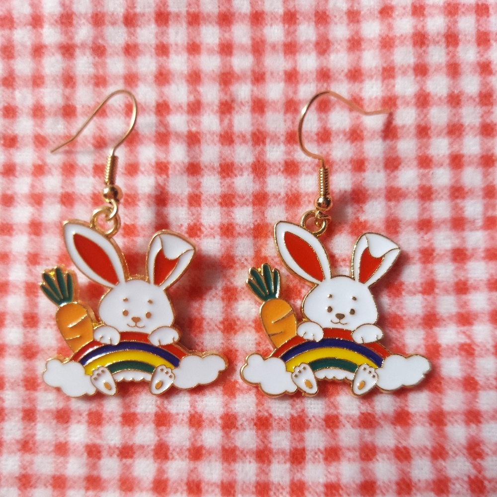 Rainbow Rabbits and Carrots Enamel Earrings Spring Farm Jewelry Cottagecore